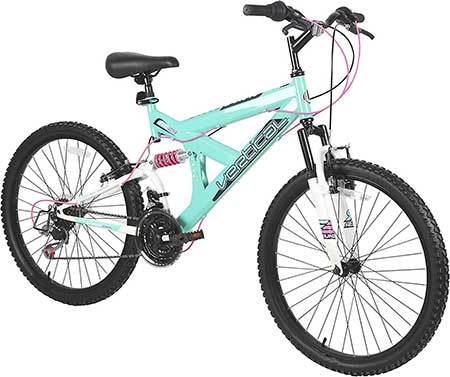 Dynacraft Vertical Dual Suspension Mountain Bike Girls 24 Inch Wheels with 18 Speed Grip Shiter and Dual Hand Brakes in Teal and Pink